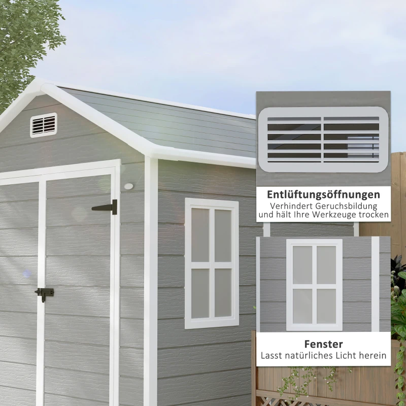 Outsunny Gartenschuppen, Geräteschuppen mit Boden, verschließbare Türen, Lüftungsöffnungen, Fenster, Holzoptik, Kunststoff, Grau(m-6)