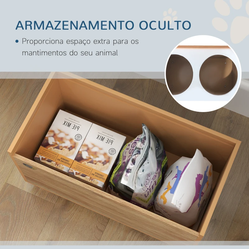 PawHut Comedouro para Cães Elevado com Sistema de Alimentação Lento Espaço de Arrumação 2 Tigelas de 2L de Aço Inoxidável 60x30x35,5 cm Madeira