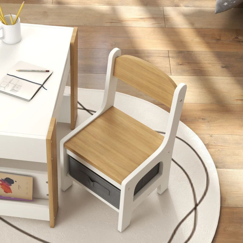 HOMCOM Juego de Mesa con Sillas para Niños 2 en 1 con Pizarra Cajones de Tela y Espacio de Almacenamiento Blanco y Natural