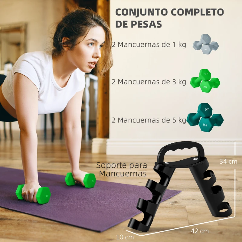 SPORTNOW Juego de Mancuernas 2 x1kg 2 x3kg 2 x5kg con Soporte de Almacenamiento para Ejercicio Entrenamiento Multicolor