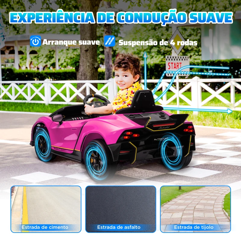 AIYAPLAY Carro Elétrico para Crianças Lamborghini 12V Controlo Remoto Faróis Buzina Arranque Lento e Música MP3 114,5x64x45,5 cm Rosa