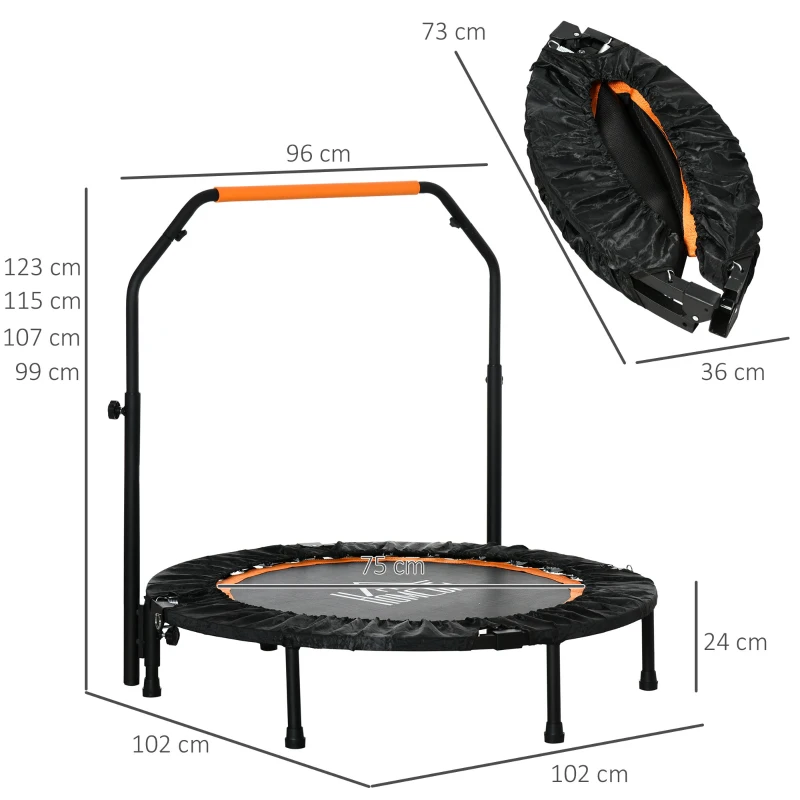 HOMCOM Trampolina Fitnessowa, Składana, Uchwyt Regulowany, Ø102 x 123H cm, do 100 kg, Czarna