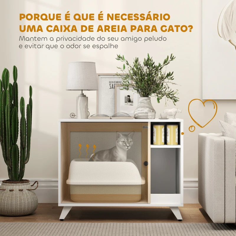 PawHut Móvel Caixa de Areia para Gatos Caixa de Areia para Gatos com Porta Tapete para Arranhar e Compartimento 77x50x63 cm Branco