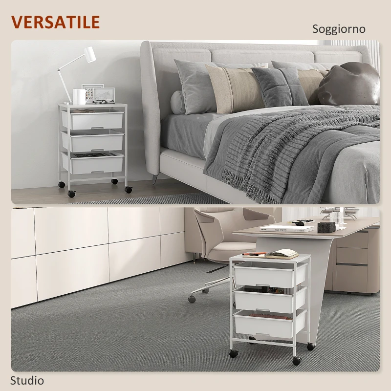 HOMCOM Carrello Multiuso con 3 Cestini Estraibili e Ruote per Cucina e Ufficio in Acciaio e PP, Bianco