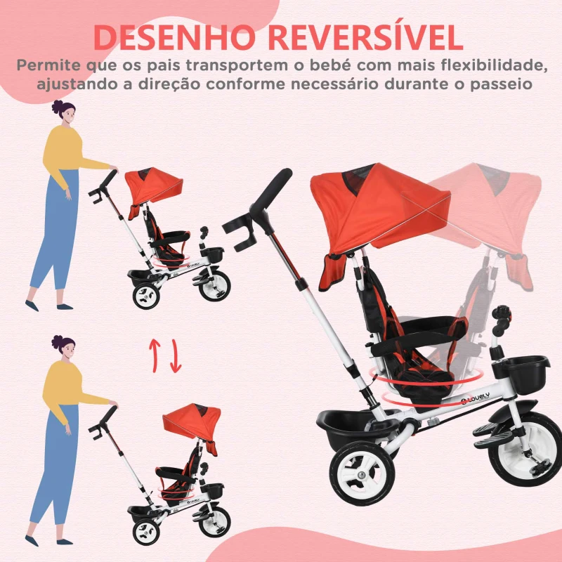 HOMCOM Triciclo Evolutivo 2 em 1 para Crianças com Guiador Apoio para os Pés Cinto de Segurança e Cesto 112x50x104 cm  Vermelho