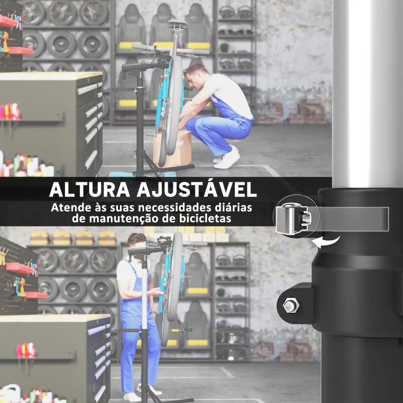 HOMCOM Suporte para Reparação de Bicicleta Dobrável com Bandeja Magnética Altura Ajustável 107-160 cm e Giratório 360º Preto