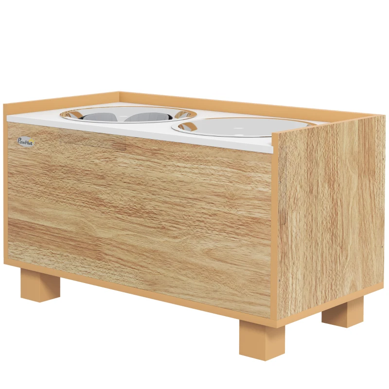 PawHut Comedouro para Cães Elevado com Sistema de Alimentação Lento Espaço de Arrumação 2 Tigelas de 2L de Aço Inoxidável 60x30x35,5 cm Madeira