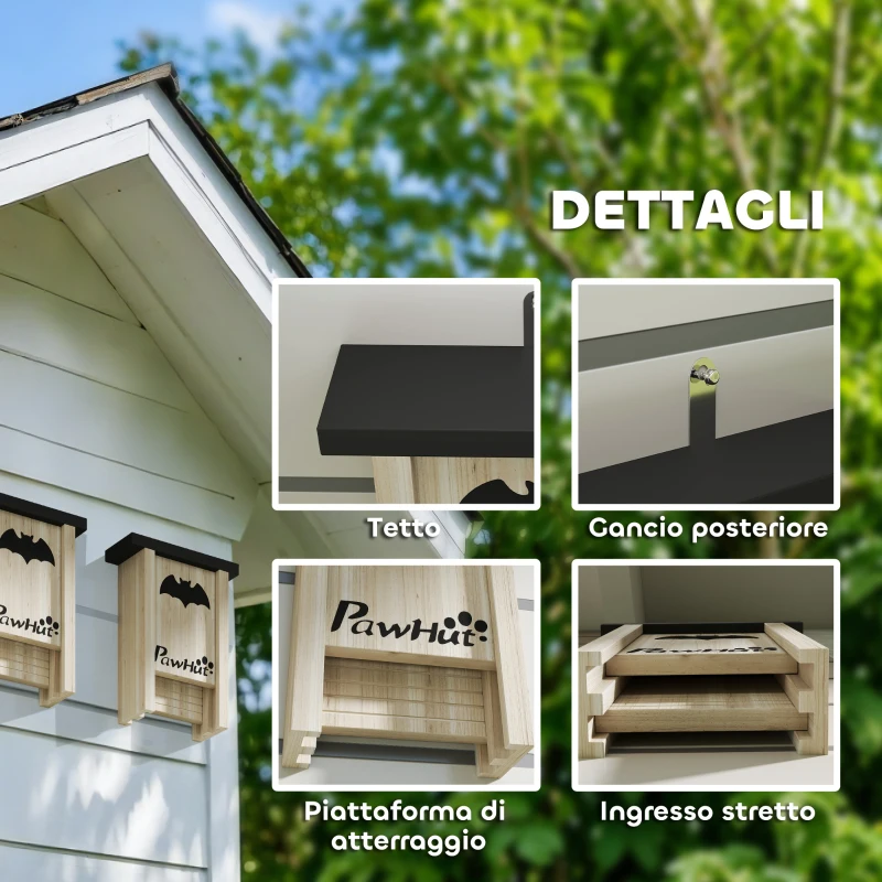 PawHut Set di 3 Casette per Pipistrelli Bat Box in Legno di Abete, 18x6x22.5 cm, Colore Legno