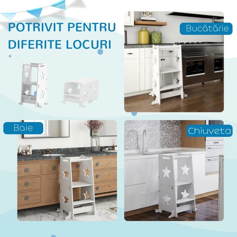 AIYAPLAY Turn de Învățare Convertibil în Set Masă și Scaune cu Bară de Siguranță, 60x44,5x86 cm, Alb