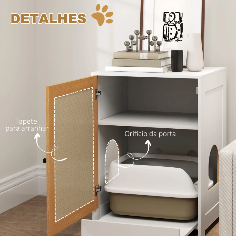 PawHut Móvel Caixa de Areia para Gatos com Compartimento Extraível Rodas e Tapete para Arranhar 57x50x80,5 cm Branco e Madeira