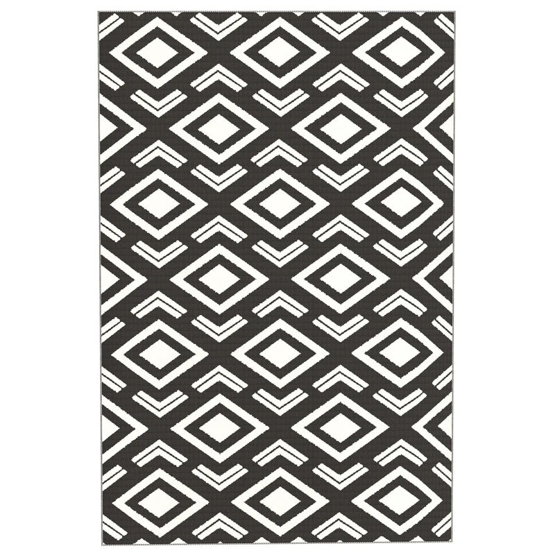 Outsunny Alfombra de Exterior Reversible 182x274 cm con Patrón Geométrico Impermeable con Bolsa Blanco y Negro