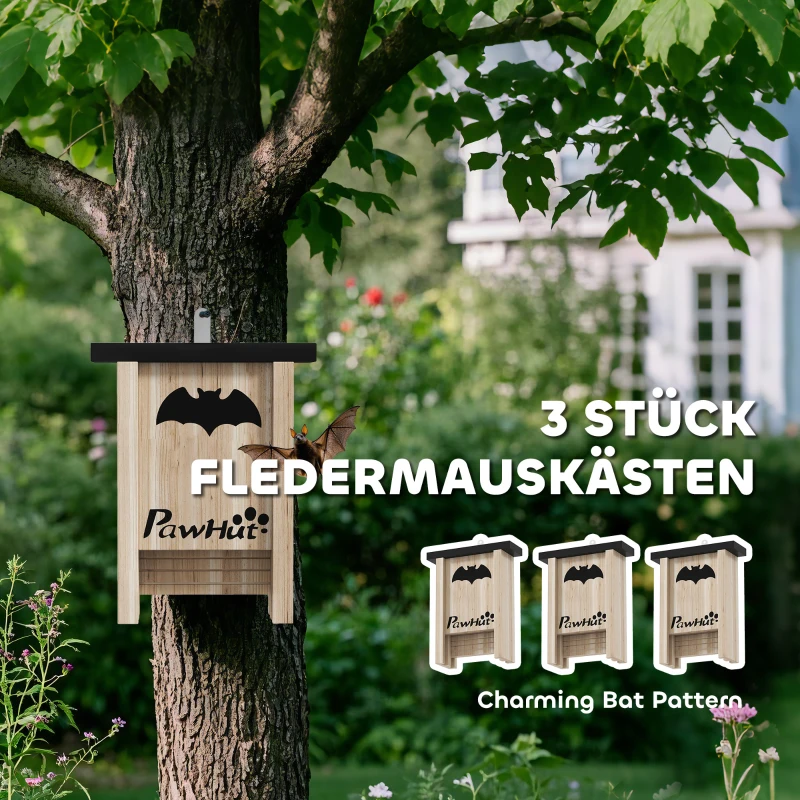 PawHut 3er-Set Fledermauskasten, Fledermaushäuser für Gärten, Obstplantagen, Bauernhöfe, leichtes Aufhängen, 18 x 6 x 22,5 cm(m-4)