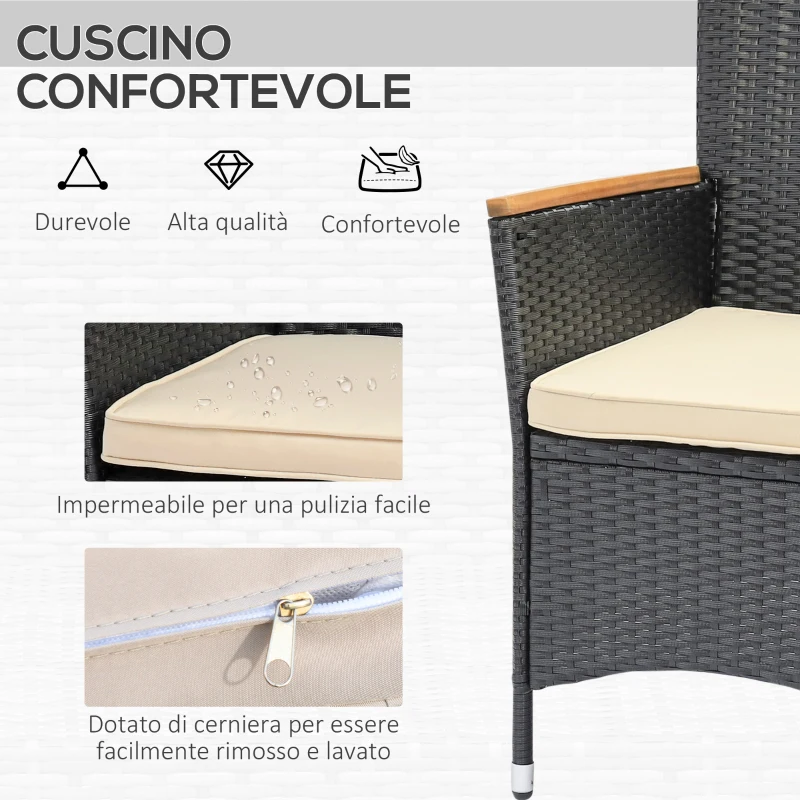 Outsunny Set Tavolo e Sedie da Giardino 7 Pezzi in PE Rattan e Legno con Cuscini Morbidi, Nero