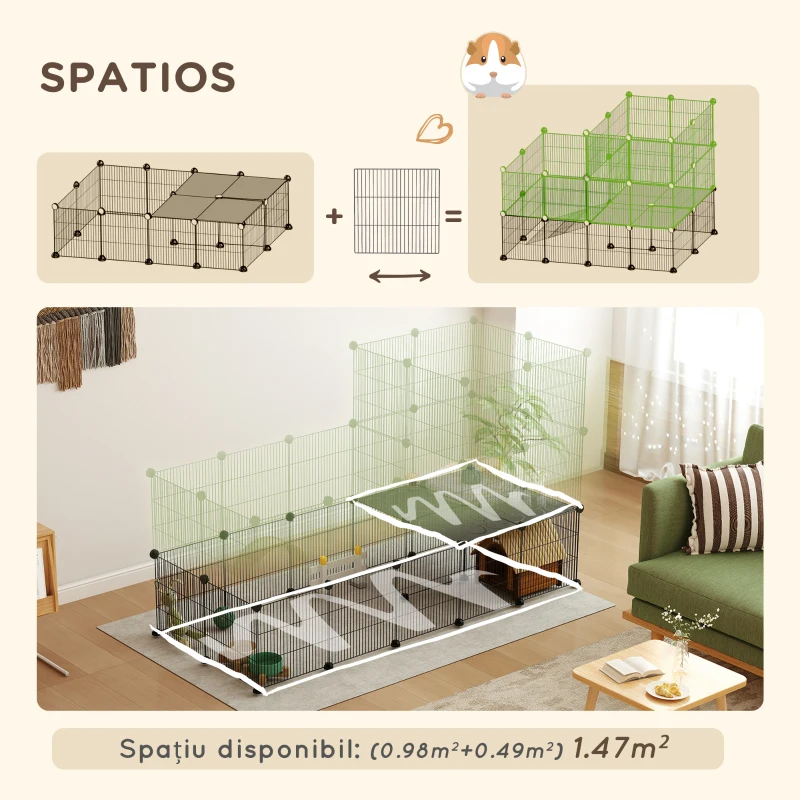 PawHut Țarc Modular pentru Animale de Companie de Talie Mică, cu 39 de Panouri și Accesorii, 140x70x105 cm, Negru