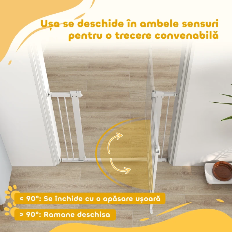 PawHut Ușă de Siguranță pentru Câini de Interior cu 2 Extensii și Ușiță pentru Pisici, 76-104x77 cm, Alb