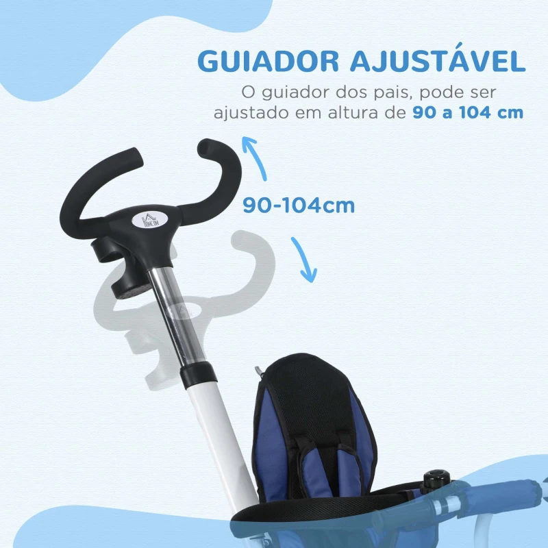 HOMCOM Triciclo para Bebés Dobrável 2 em 1 para Crianças com Toldo Dobrável Guiador Cinto de Segurança 112x50x104 cm Azul