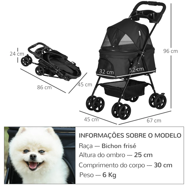 PawHut Carrinho para Cães Dobrável com Rodas Universáis Cesta de Armazenamento Correias de Segurança e Janelas 67x45x96 cm Preto