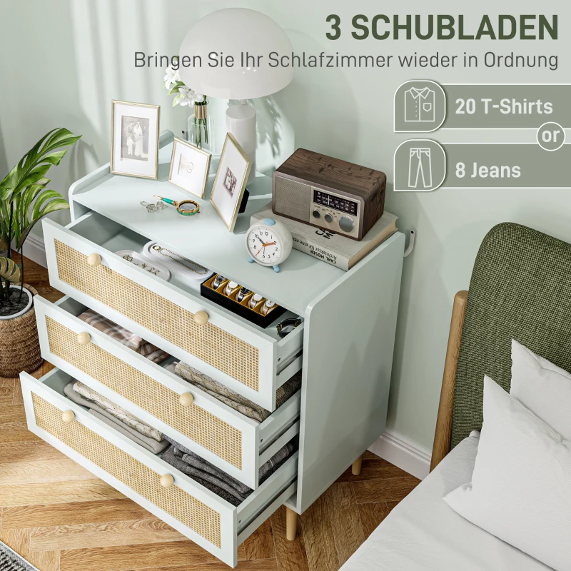 HOMCOM Slaapkamerkast met 3 Laden, Rotan Fronten, Klerenkast voor Gang, Entreegebied, MDF, Lichtblauw