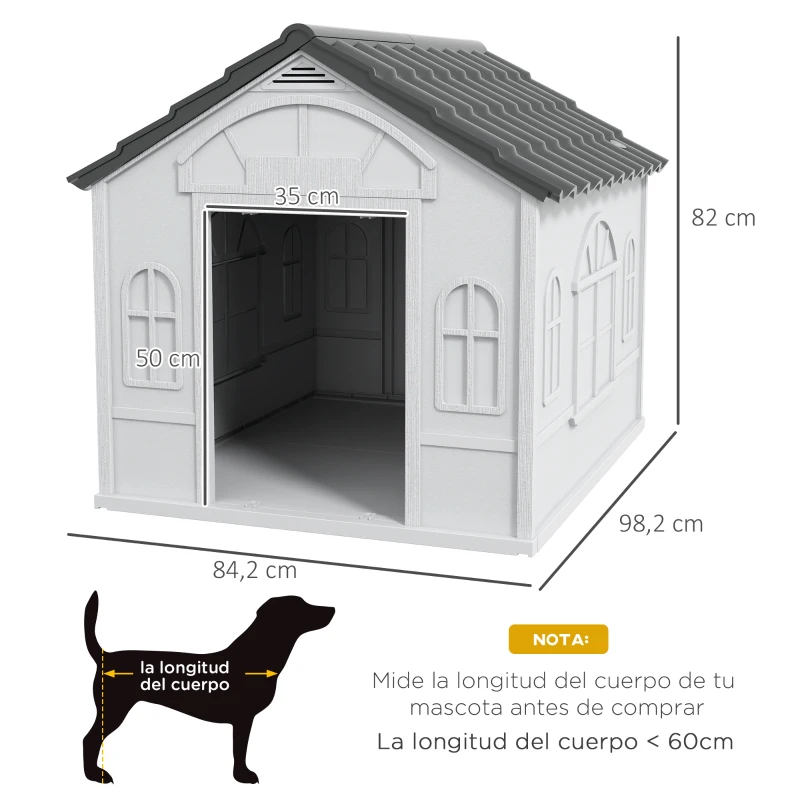 PawHut Casa para Perros 84,2x98,2x82 cm con Patrón de Ventana y Techo de Tejas de Imitación para Perros Grandes Gris y Blanco
