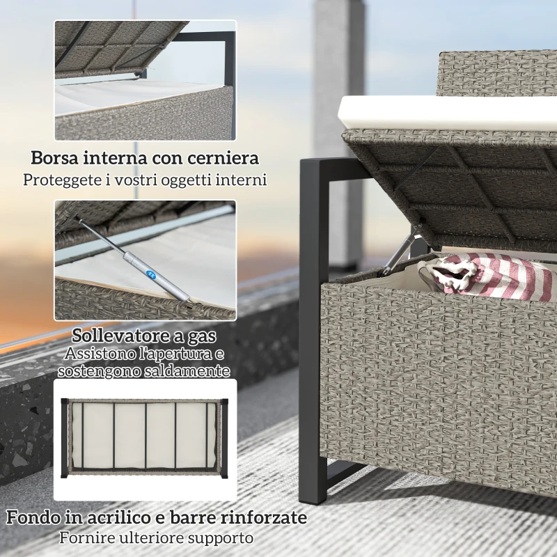 Outsunny Panchina da Giardino 2 Posti con Cassapanca da 151.5L in Rattan con Schienale, Braccioli e Cuscino, Crema