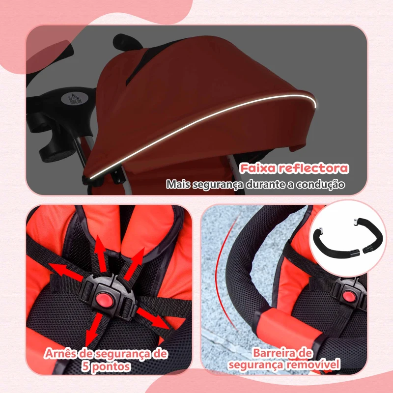 HOMCOM Triciclo Evolutivo 2 em 1 para Crianças com Guiador Apoio para os Pés Cinto de Segurança e Cesto 112x50x104 cm  Vermelho