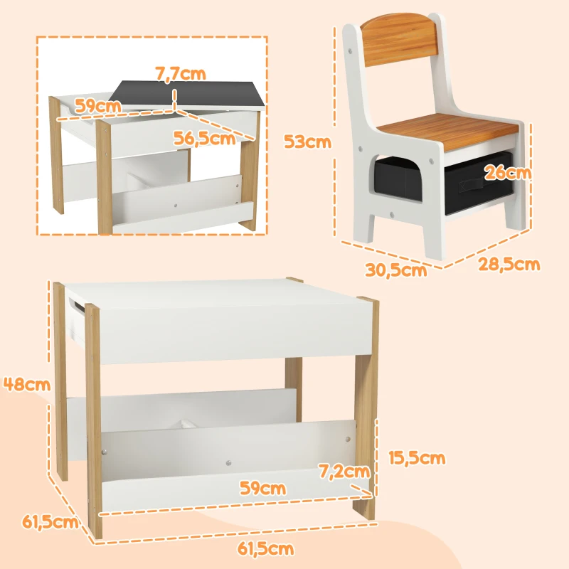 HOMCOM Juego de Mesa con Sillas para Niños 2 en 1 con Pizarra Cajones de Tela y Espacio de Almacenamiento Blanco y Natural