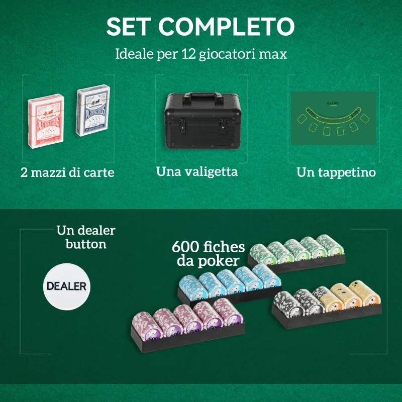 SPORTNOW Set Poker con 600 Fiches per 12 Giocatori con Valigetta, 2 Mazzi di Carte e Tappetino, Nero