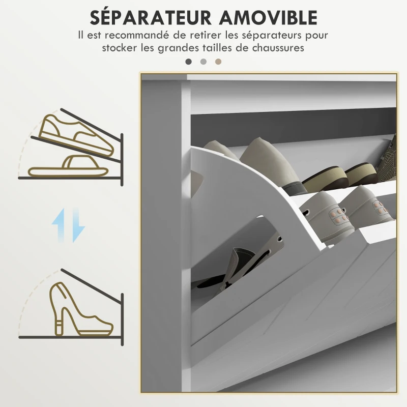 HOMCOM Banc à chaussures avec tiroir rabattable, coussin d'assise et étagère réglable, 100 x 26 x 48 cm, blanc