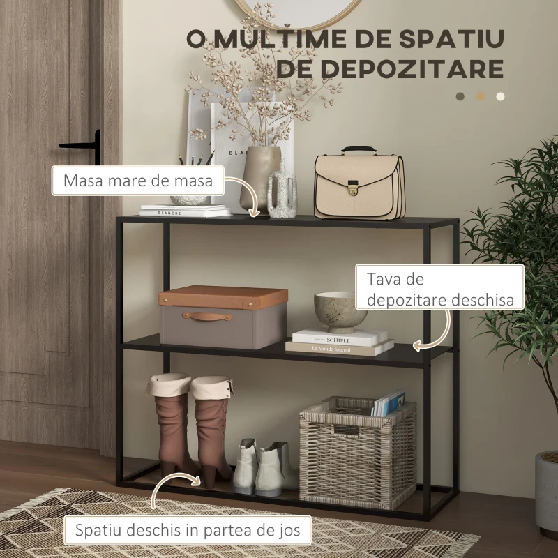 HOMCOM Masa Consola Masa Nordica pentru Hol cu Cadru din Otel Raft Deschis Masa de Canapea Ingusta pentru Camera de Zi Intrare Negru