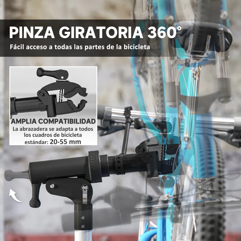 HOMCOM Soporte para Reparación de Bicicletas Ajustable con Bandeja Magnética y Altura Regulable 82x106x107-160 cm Negro