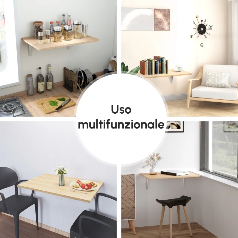HOMCOM Tavolino a Muro Pieghevole Salvaspazio in MDF e Telaio in Metallo, per Cucina Salotto, Color Legno, 60x40x20cm