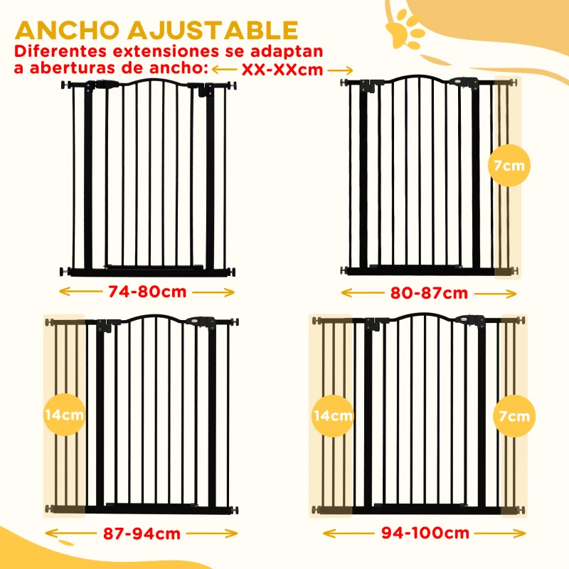 PawHut Puerta para Perros con Ancho Ajustable 76-104 cm Barrera de Seguridad para Perros con 2 Extensiones Negro