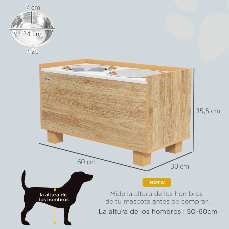 PawHut Comedouro para Cães Elevado com Sistema de Alimentação Lento Espaço de Arrumação 2 Tigelas de 2L de Aço Inoxidável 60x30x35,5 cm Madeira
