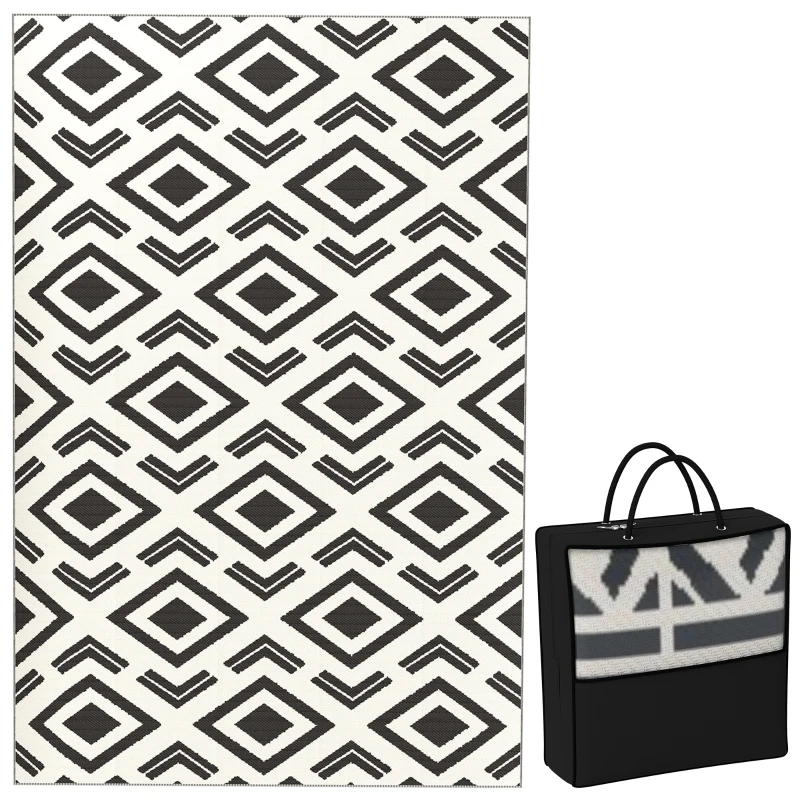 Outsunny Weerbestendig Buitentapijt stevig met draagtas, opvouwbaar Boho-stijl 182 x 274 cm Zwart+Wit