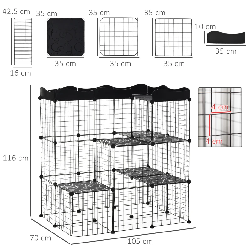 PawHut Recinto per Animali Domestici Modulabile e Multilivello con Rampa e 2 Porte in Acciaio e PP, 105x70x116 cm, Nero