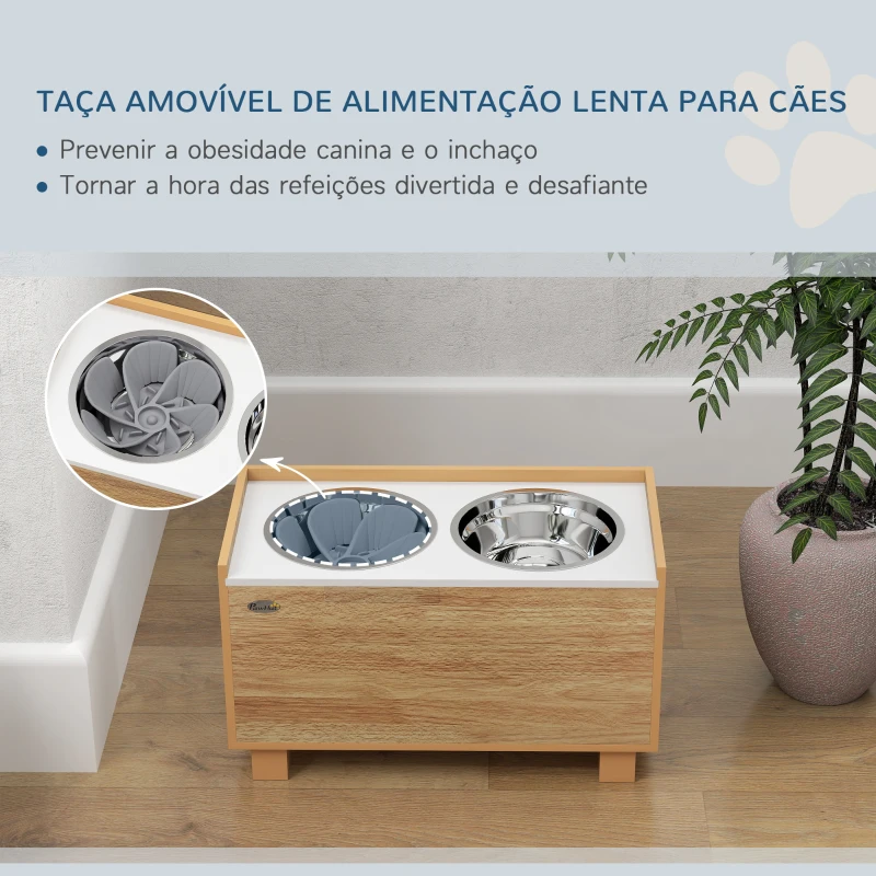PawHut Comedouro para Cães Elevado com Sistema de Alimentação Lento Espaço de Arrumação 2 Tigelas de 2L de Aço Inoxidável 60x30x35,5 cm Madeira