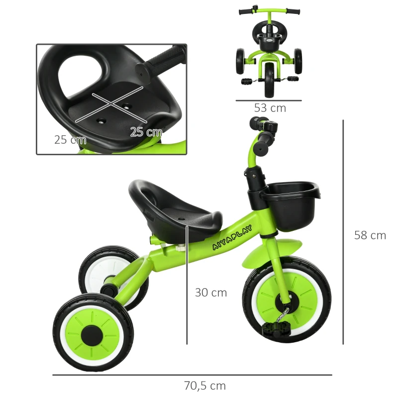 AIYAPLAY Triciclo para Crianças de 2 a 5 anos com Assento Ajustável Cesta Buzina e Pedais e 3 Rodas 70,5x53x58 cm Verde