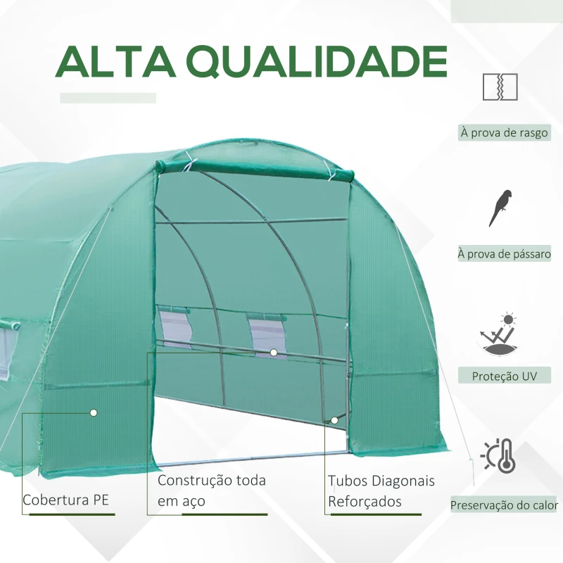Outsunny Estufa tipo Túnel 8x3x2m Aço e PE 140 g/m² Estufa para Cultivo de Plantas Tomates Verduras com 12 Janelas e Porta Enroláveis Verde