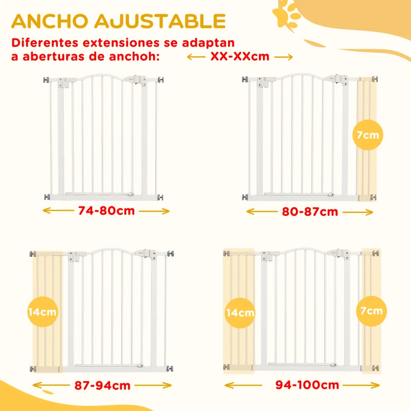 PawHut Puerta para Perros con Ancho Ajustable 76-104 cm Barrera de Seguridad para Perros con 2 Extensiones Blanco
