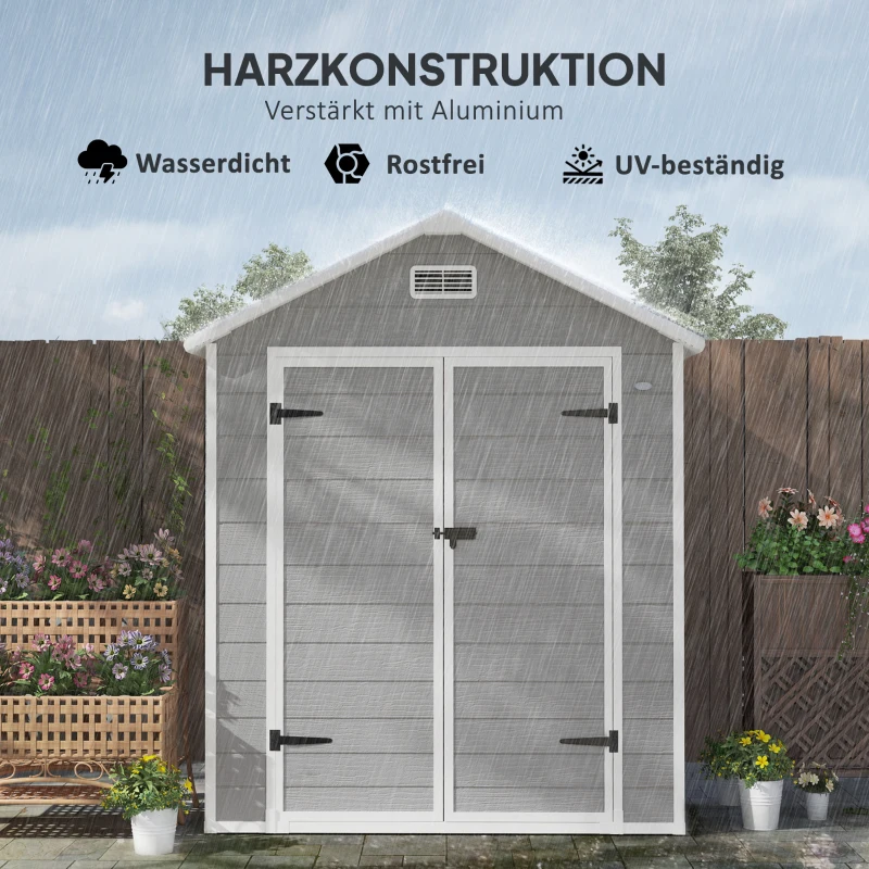 Outsunny Gartenschuppen, Geräteschuppen mit Boden, verschließbare Türen, Lüftungsöffnungen, Fenster, Holzoptik, Kunststoff, Grau(m-4)