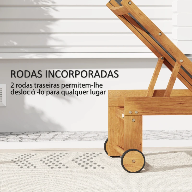 Outsunny Espreguiçadeira de Madeira Espreguiçadeira de Jardim com Rodas Encosto Ajustável em 4 Níveis 186x60x33 cm Teca e Preto