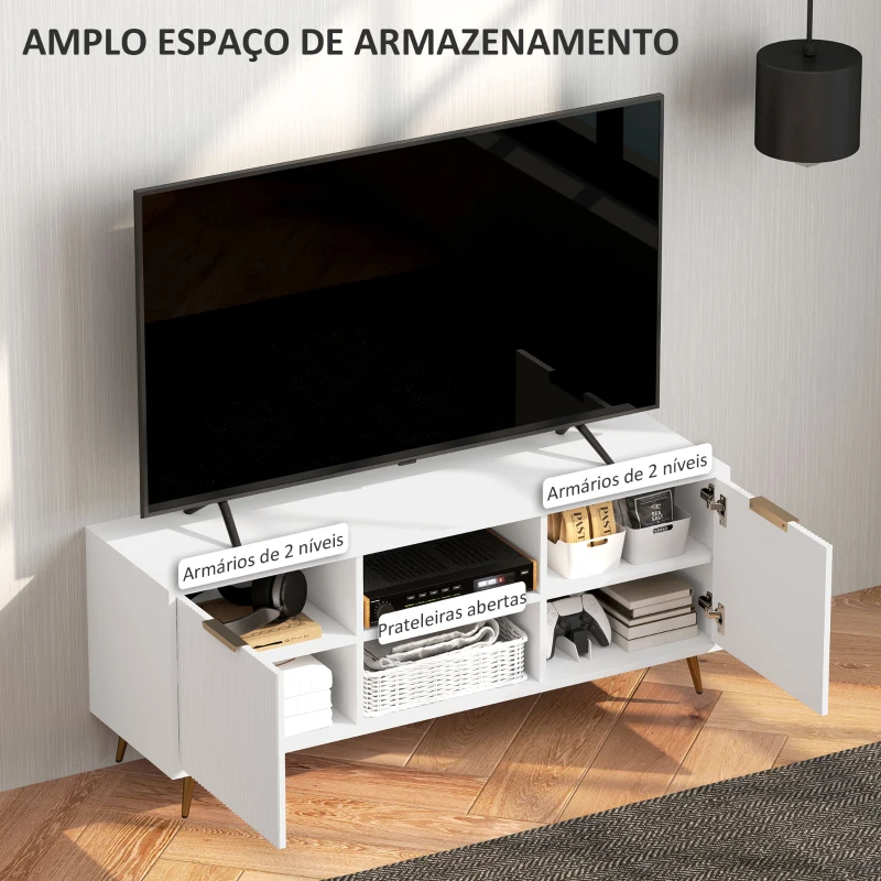 HOMCOM Móvel de TV Moderno Móvel de TV para Sala de Estar com 2 Compartimentos Abertos  para Televisores de 55 Polegadas 120x35x48 cm Branco