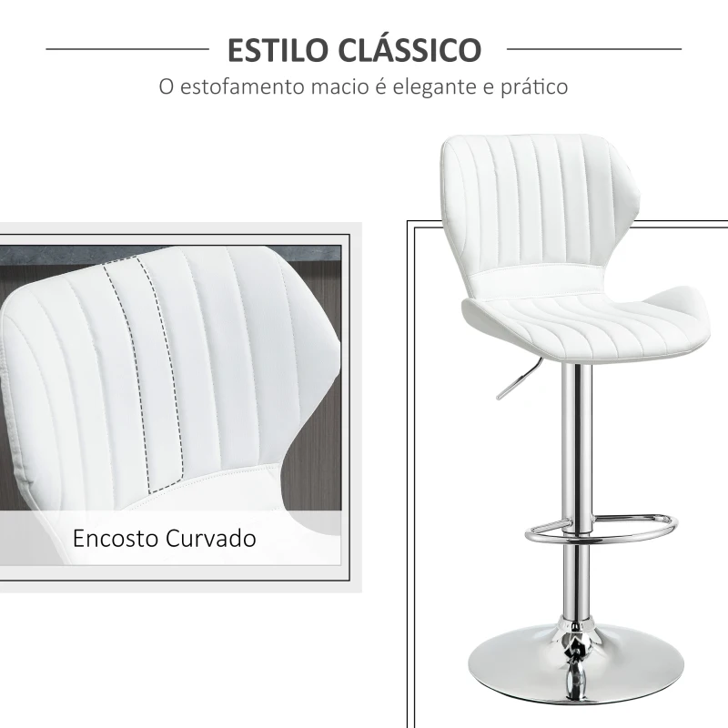 HOMCOM Conjunto de 2 Bancos de Bar Bancos Altos de Cozinha Giratório Altura Ajustável 91,5-113,5cm com Apoio para os Pés e Base de Metal Ø41 cm Branco