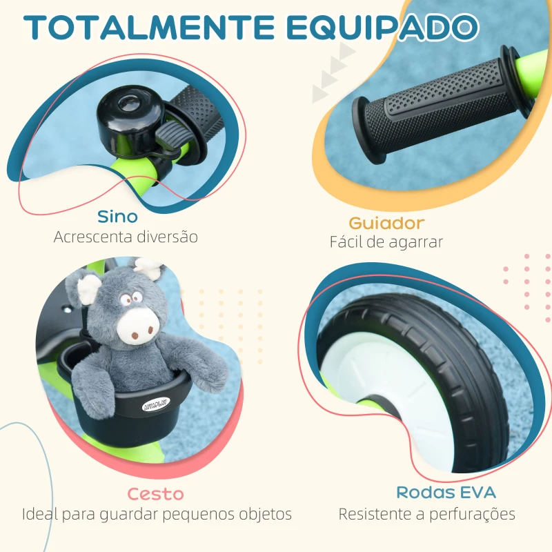 AIYAPLAY Triciclo para Crianças de 2 a 5 anos com Assento Ajustável Cesta Buzina e Pedais e 3 Rodas 70,5x53x58 cm Verde