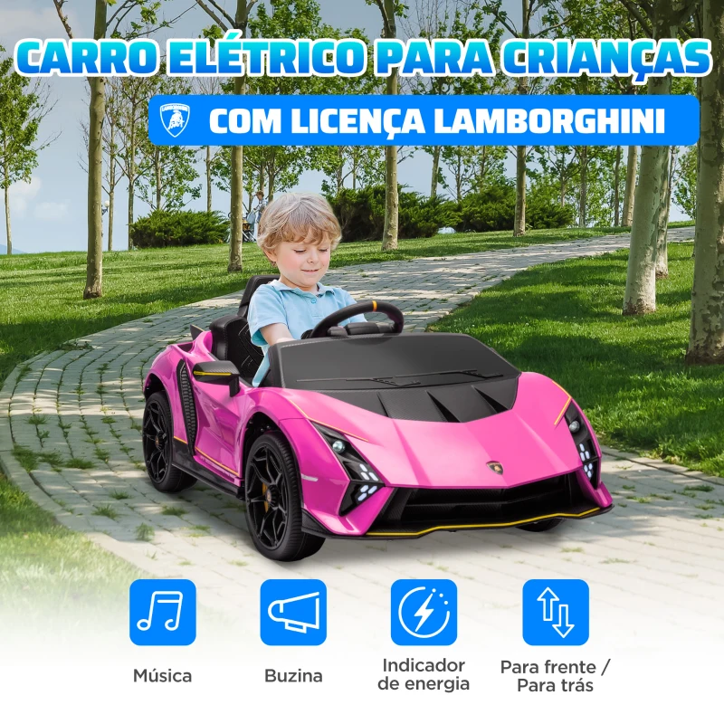 AIYAPLAY Carro Elétrico para Crianças Lamborghini 12V Controlo Remoto Faróis Buzina Arranque Lento e Música MP3 114,5x64x45,5 cm Rosa