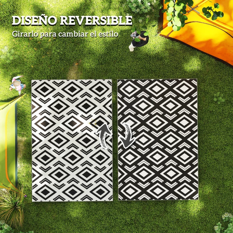 Outsunny Alfombra de Exterior Reversible 182x274 cm con Patrón Geométrico Impermeable con Bolsa Blanco y Negro