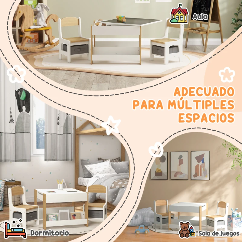 HOMCOM Juego de Mesa con Sillas para Niños 2 en 1 con Pizarra Cajones de Tela y Espacio de Almacenamiento Blanco y Natural