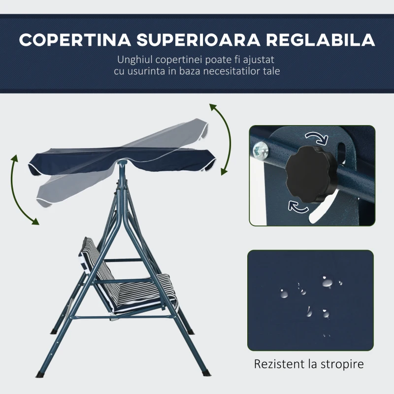 Outsunny Leagăn de Grădină cu 3 Locuri cu Acoperiș Solar, Balansoar în Aer Liber cu Structură din Oțel și Poliester, 172x110x153 cm, Alb și Albastru