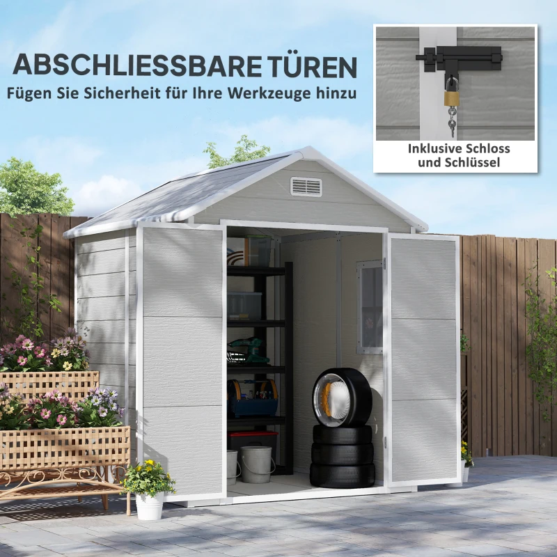 Outsunny Gartenschuppen, Geräteschuppen mit Boden, verschließbare Türen, Lüftungsöffnungen, Fenster, Holzoptik, Kunststoff, Grau(m-7)