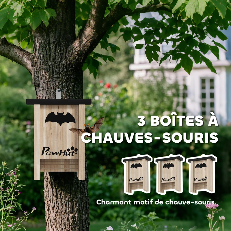 PawHut Ensemble de trois boîtes à chauve-souris nichoir chauve-souris avec un crochet18 x 6 x 22,5 cm bois naturel